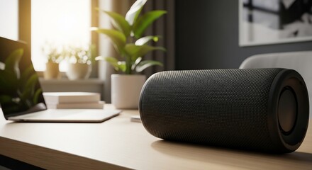 Wireless Speaker on Desk with Laptop and Plant, Warm Light, Modern Workspace