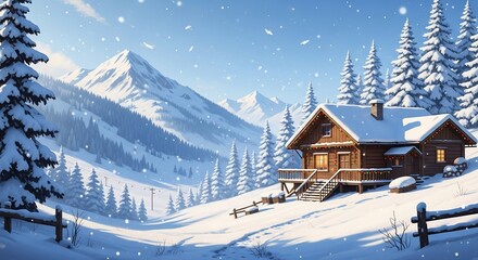 Winter Cabin Retreat: Snowy Mountain Landscape with Holiday Lights and Falling Snow