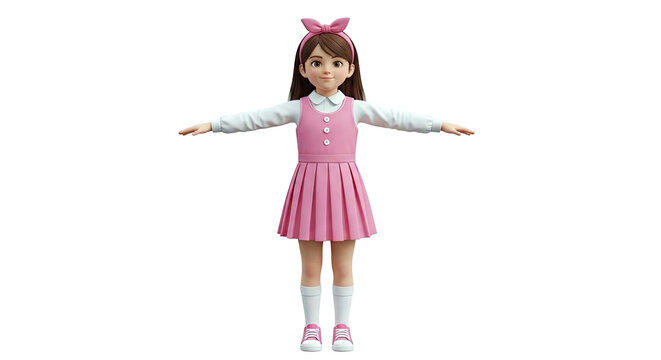 3D Animated Girl in Pink School Uniform with Bow