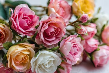 Obraz premium A delicate assortment of miniature faux roses in various pastel shades, perfect for crafting and decor