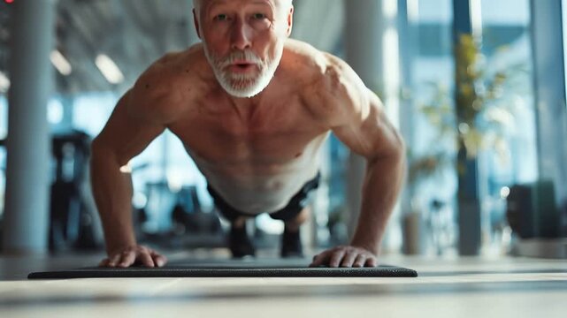 Senior's Strength: A determined older individual, shirtless, pushing his limits through an intense workout, demonstrating unwavering resolve in his fitness journey.