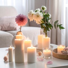 Warm ambiance created with candles, flowers, a tray and light colored decor in an indoors setting
