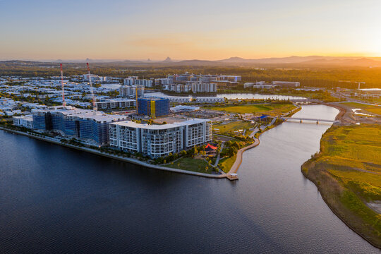 Sunset glow over waterfront property along coastal canals