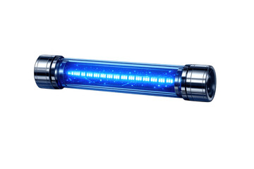 Futuristic blue glowing energy cell generating power in a sci-fi transparent tube with metal caps