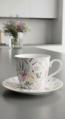 Obraz premium Floral Tea Cup and Saucer on Kitchen Counter.