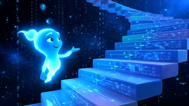 Futuristic AI financial advisor concept art depicts a glowing character ascending a digital data staircase, symbolizing progress in a vast information network.
