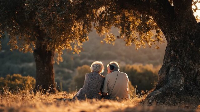 Golden Moments Under Ancient Trees: An elderly couple, their silhouettes etched against the golden light, find solace and serenity as they sit together beneath the expansive boughs of an ancient tree.