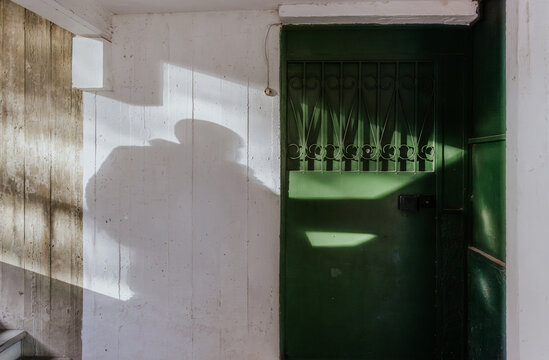 Green metal door with shadows in a rustic setting