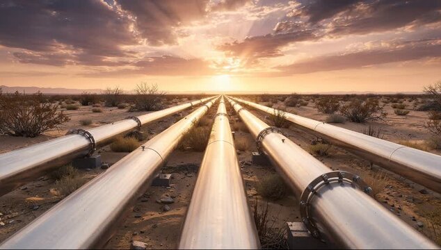 A video shows a serene landscape of industrial pipelines stretching into the distance at sunset
