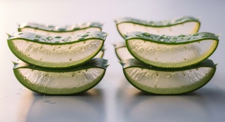 Close-up of sliced aloe vera leaves, showing translucent gel and water droplets