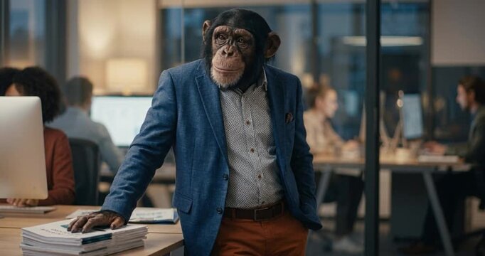Primate in business attire posing in modern office environment