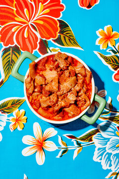 a high angle view of callos con jamon in a bowl