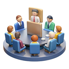 Stylized business meeting with diverse team around a round table isolated on transparent background