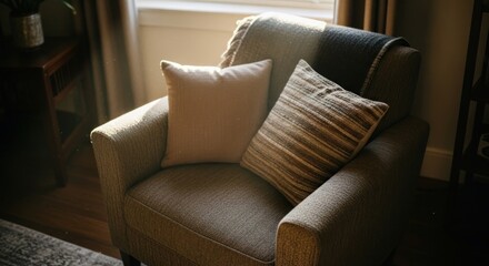 Cozy armchair bathed in sunlight with pillows and throw blanket