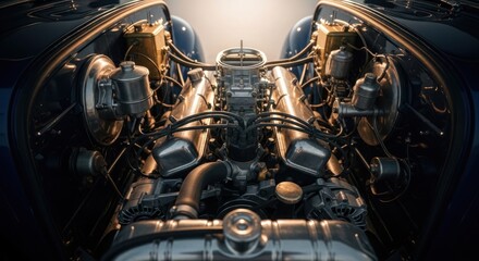 Detailed view of a classic car engine, showcasing chrome components and intricate mechanics
