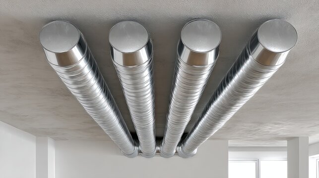 Four parallel, metallic spiral HVAC ducts extend from a concrete ceiling