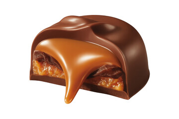 Obraz premium Chocolate caramel candy with flowing filling on black isolated on a transparent background