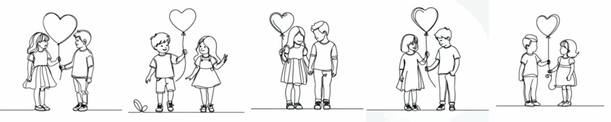 line art of two children standing giving a valentine's love shaped balloon