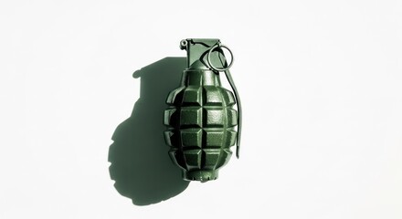 Fototapeta premium Overhead shot of a green hand grenade casting a shadow on a white surface