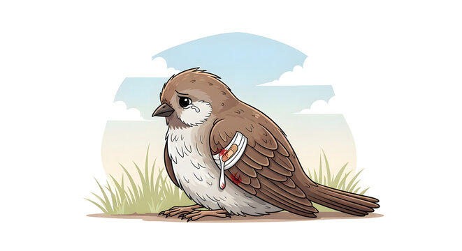 A vulnerable brown sparrow, depicted in a detailed digital illustration, sits sadly on the grass with a bandaged, bleeding wing against a simple outdoor backdrop.