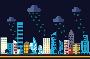 Obraz premium Winter Cityscape at Night Vector Illustration - Flat Design Urban Landscape with Snow