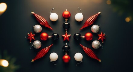 Festive arrangement of colorful ornaments, including balls, stars, and teardrops on black surface