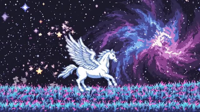 Mythical white winged unicorn running in a vibrant field under a starry night sky.