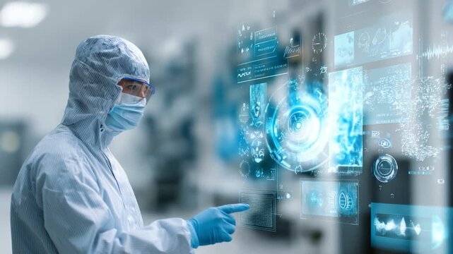 Visionary Tech Scientist in Lab: A scientist in a protective suit studies futuristic tech displays, immersed in a high-tech laboratory environment.