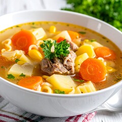Warm bowl of broth-based soup with meat, carrots, pasta, potatoes, and corn, garnished with parsley