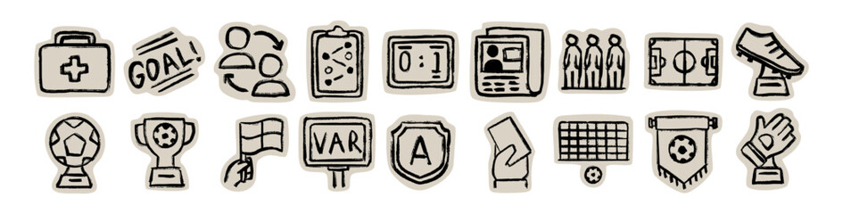 Soccer football scrapbook, doodle, sticker, collage, icon: hand drawn set of trophy, ball, goal, field for sport tournament © Ydzv Dsgn