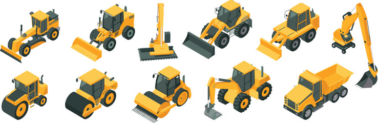Isometric construction machinery vehicles set including excavator bulldozer loader roller crane dump truck for heavy construction industry vector illustration © SreeRupali