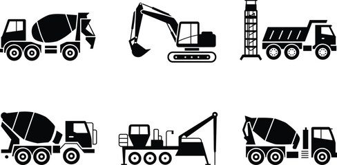 Construction machinery silhouette set with concrete mixer trucks, excavator, drilling rig and dump truck, heavy equipment vector illustration for industrial projects © SreeKhamol