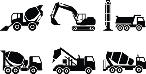 Construction machinery silhouette set with concrete mixer trucks, excavator, pile driver and dump truck, heavy equipment vector illustration for industrial building projects © SreeKhamol