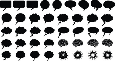 Black speech bubbles and thought clouds set featuring comic book dialogue boxes, human brain icons, explosion shapes, and communication silhouette elements.