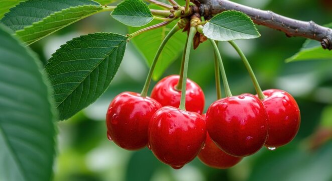 Vibrant close-up shows ripe, red cherries dangling from a leafy branch, water droplets visible