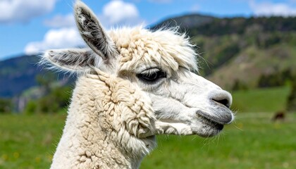 Fototapeta premium Close up of a fluffy white alpaca head in a green field.