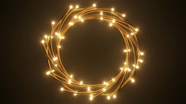 Warm golden string lights form a circular shape on a dark background with a cozy ambiance.