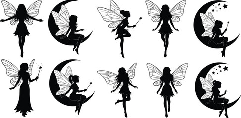 Collection of black fairy silhouettes with wings and magic wands sitting on moon isolated on white background for fantasy design, © hiiii