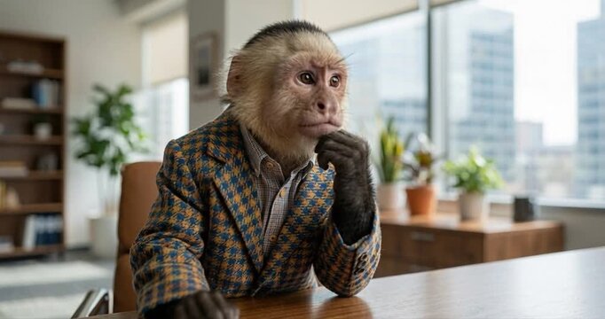 Primate in suit sitting at desk thinking office environment