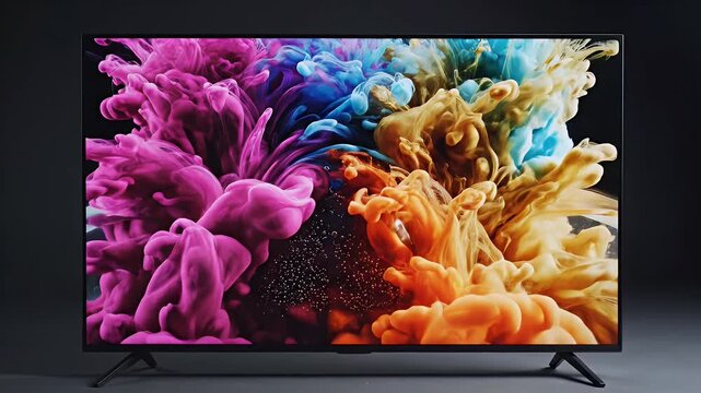 A modern TV screen displays abstract swirls of pink, blue, and tan ink
