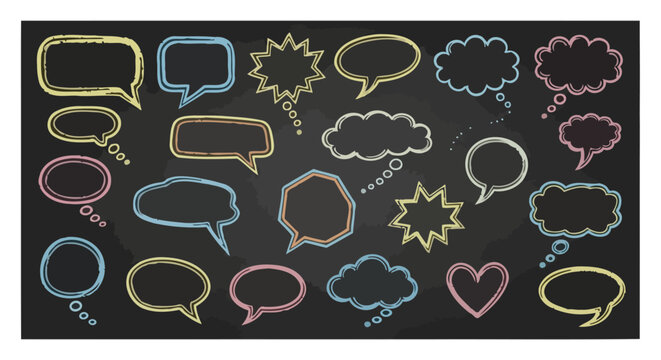 Colorful Hand Drawn Chalk Speech Bubbles and Thought Clouds on a Dark Background.