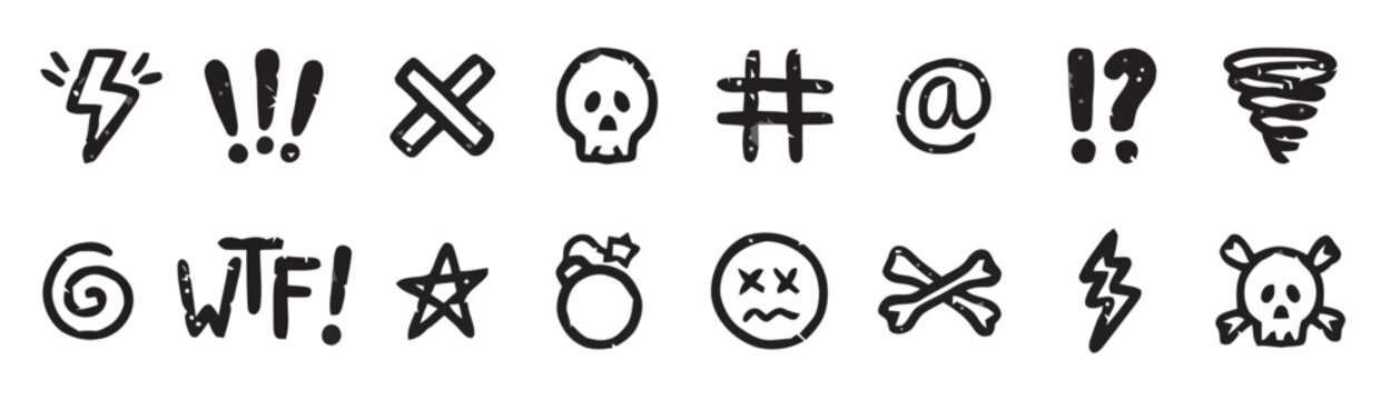 Hand Drawn Swearing Doodle Symbols and Expletives Set.