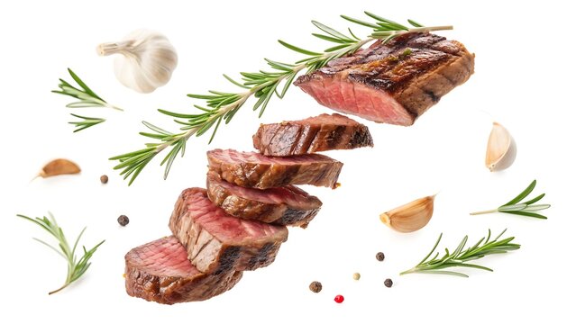 seared steak, steak strips, grilled beef, flying meat, beef slices, rosemary, garlic cloves, gourmet meat, meat photography, isolated on white, dynamic motion, premium food, culinary concept, food adv