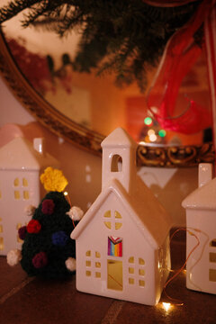 Cute Christmas village of little white houses 
