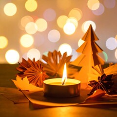 Warm candle and paper craft on a wooden surface, bokeh lights in background