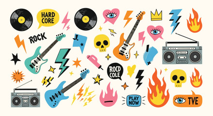 Vibrant collection of rock and roll themed stickers and elements. © Muginandaru