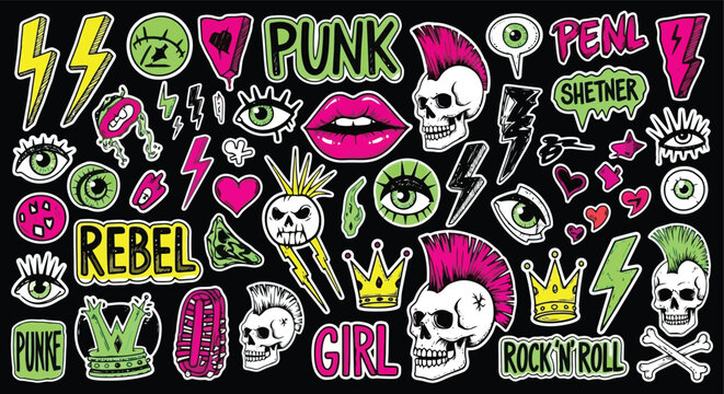 Vibrant collection of punk rock and rebel themed stickers and patches.