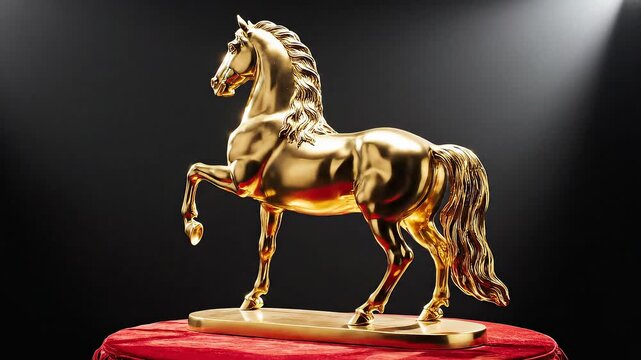 Golden horse statue standing on red pedestal under spotlight