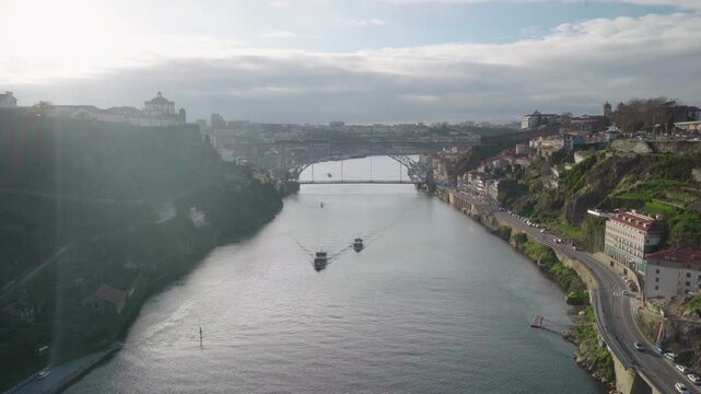 High angle view of boats navigating the Douro river.