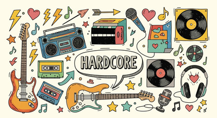 Hardcore Music Doodle Collection with Guitars, Boombox, Records, and Cassettes.